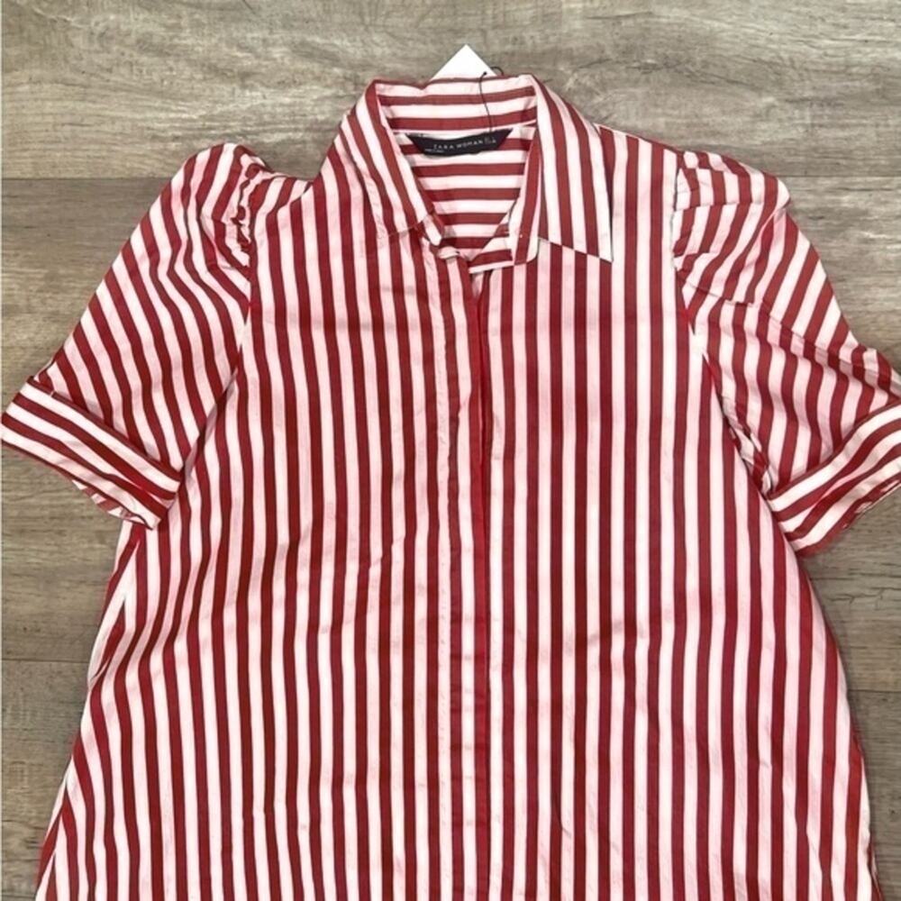 Zara NWT Red White Striped Cotton Puff Sleeve Shirt Dress Tunic L - Picture 15 of 16